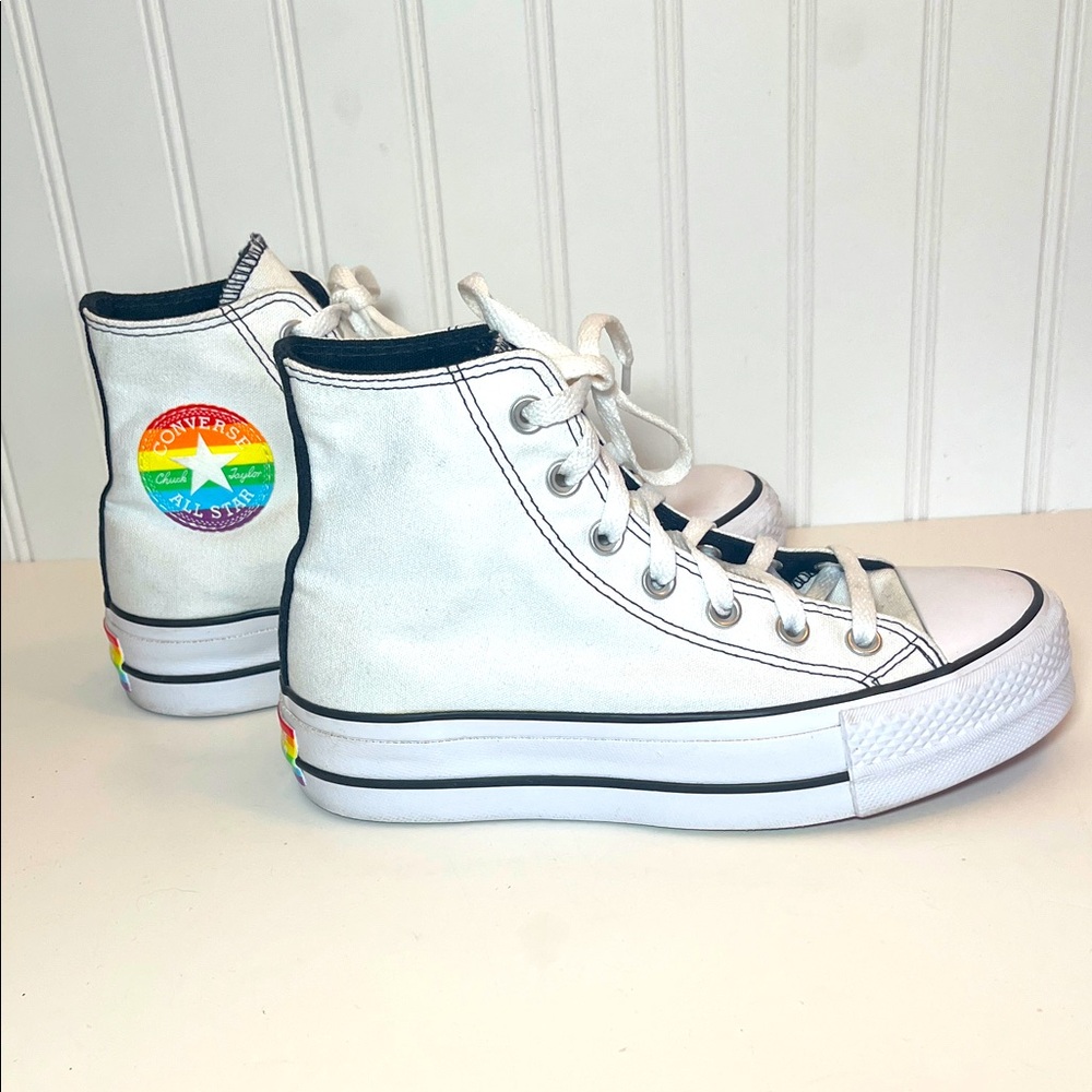 Converse Pride White High-Tops with Rainbow Patch women’s 6.5 men’s 4.5